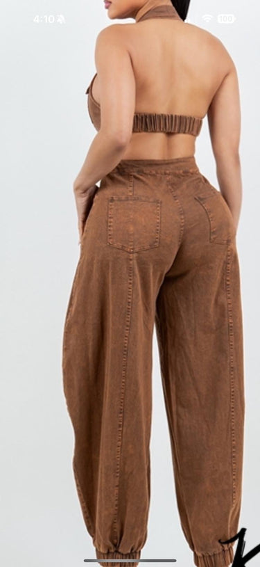 All About Denim Halter Jumpsuit - Chocolate - Palazzo Couture Online