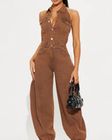 All About Denim Halter Jumpsuit - Chocolate - Palazzo Couture Online