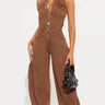 All About Denim Halter Jumpsuit - Chocolate - Palazzo Couture Online