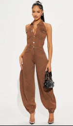 All About Denim Halter Jumpsuit - Chocolate - Palazzo Couture Online