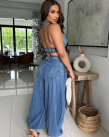All About Denim Halter Jumpsuit - Medium Wash - elegant jumpsuit for parties and events