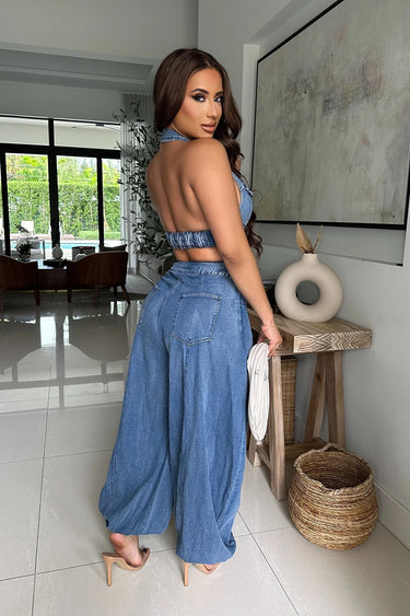 All About Denim Halter Jumpsuit - Medium Wash - elegant jumpsuit for parties and events
