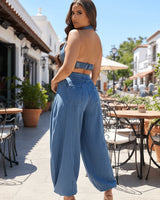 All About Denim Halter Jumpsuit - Medium Wash - women's one-piece outfit for going out