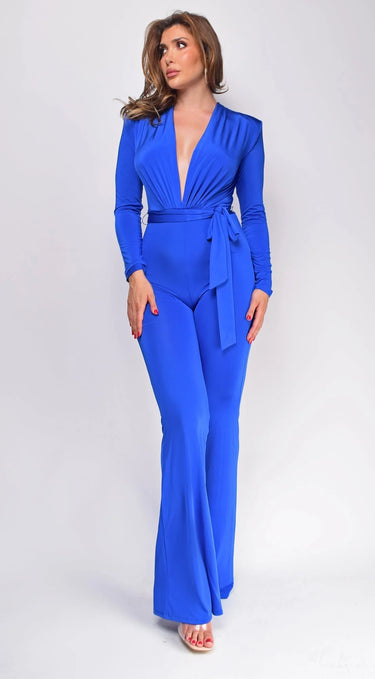 All Yours Blue Jumpsuit with Stretch & Flared Leg - women's one-piece outfit for going out