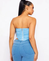 Alondra Sky Blue Corset Top with Mesh Double Layer - stylish going out top