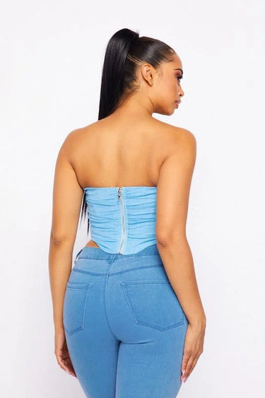 Alondra Sky Blue Corset Top with Mesh Double Layer - stylish going out top