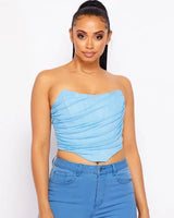 Alondra Sky Blue Corset Top with Mesh Double Layer - women's sleeveless top