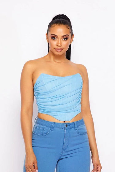 Alondra Sky Blue Corset Top with Mesh Double Layer - women's sleeveless top