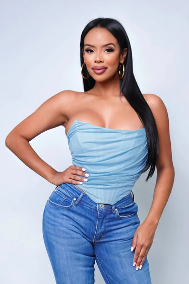 Alondra Sky Blue Corset Top with Mesh Double Layer for women - top by Palazzo Couture