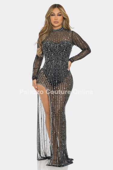 Amanda Rhinestone Maxi Dress (Black) front view showing full-length maxi silhouette