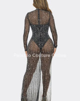 Amanda Rhinestone Maxi Dress (Black) side view highlighting floor-length hemline