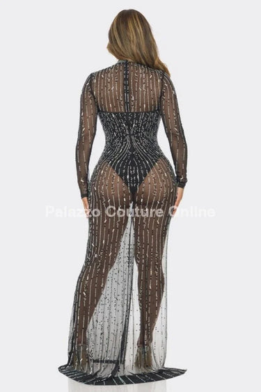 Amanda Rhinestone Maxi Dress (Black) side view highlighting floor-length hemline