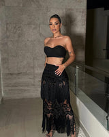 bohemian flair to your wardrobe with this elegant Black Amaranth Lace Fringe Skirt Set. Perfect for any occasion.