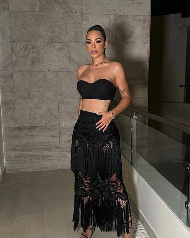 bohemian flair to your wardrobe with this elegant Black Amaranth Lace Fringe Skirt Set. Perfect for any occasion.