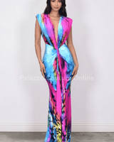 Aqua Flame Abstract Maxi Dress - Palazzo Couture Online