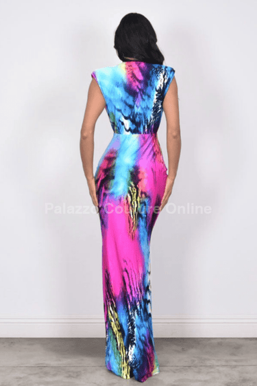 Aqua Flame Abstract Maxi Dress - Palazzo Couture Online