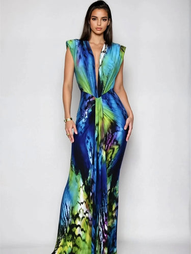 Aqua Flame Abstract Maxi Dress - Fuchsia Multi - Palazzo Couture Online