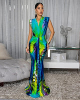 Aqua Flame Abstract Maxi Dress - Fuchsia Multi - Palazzo Couture Online