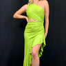 Asymmetrical citron cut-out one-shoulder midi dress front view showing ruffle hem