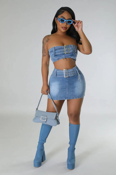 Attention Over Here Denim Skirt Set – Chic Two-Piece Outfit showing coordinated top and skirt construction