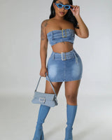 Attention Over Here Denim Skirt Set – Chic Two-Piece Outfit front view showing complete two piece skirt set