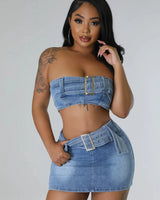 Attention Over Here Denim Skirt Set – Chic Two-Piece Outfit side view showing skirt silhouette and fit