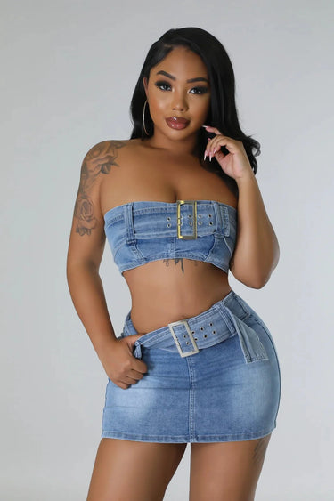 Attention Over Here Denim Skirt Set – Chic Two-Piece Outfit side view showing skirt silhouette and fit