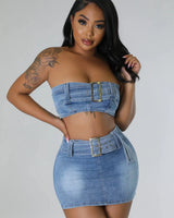 Elegant Denim denim two piece skirt set styled for going out