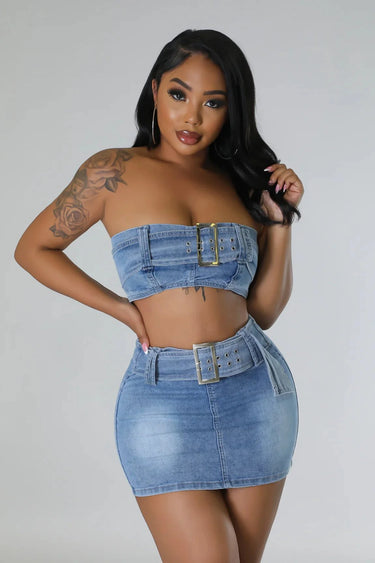 Elegant Denim denim two piece skirt set styled for going out