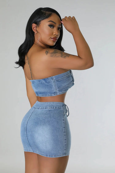 Attention Over Here Denim Skirt Set – Chic Two-Piece Outfit close up of denim top design and fabric