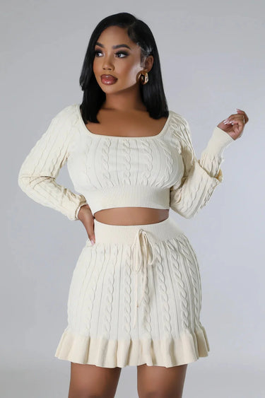 Attract Me Knitted Skirt Set with Ruched High Waist showing coordinated top and skirt construction