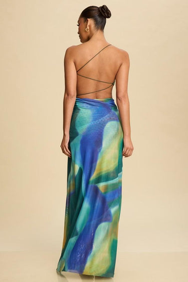 Aura Scrunch Backless Maxi Dress – Blue Multi - Palazzo Couture Online