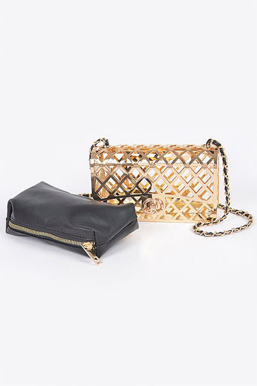 Metal Lattice Clutch with Pouch – Chain Strap Evening Bag
