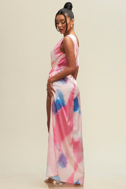 Obsessed One Shoulder Drape Maxi Dress (Pink/Blue)