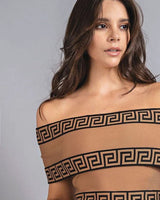 Bandage Off-the-Shoulder Mocha Jumpsuit with Greek Key Detail - women's fashion jumpsuit for every occasion
