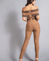 Bandage Off-the-Shoulder Mocha Jumpsuit with Greek Key Detail - elegant jumpsuit for parties and events