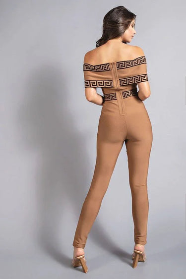 Bandage Off-the-Shoulder Mocha Jumpsuit with Greek Key Detail - elegant jumpsuit for parties and events