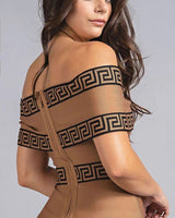 Bandage Off-the-Shoulder Mocha Jumpsuit with Greek Key Detail - trendy women's jumpsuit