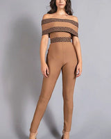 Bandage Off-the-Shoulder Mocha Jumpsuit with Greek Key Detail - chic one-piece by Palazzo Couture