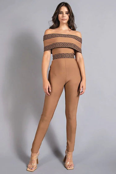 Bandage Off-the-Shoulder Mocha Jumpsuit with Greek Key Detail - chic one-piece by Palazzo Couture