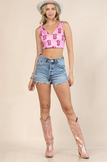 Barbie Style Pink Crop Top with V-Neck Tank Design - women's cropped top
