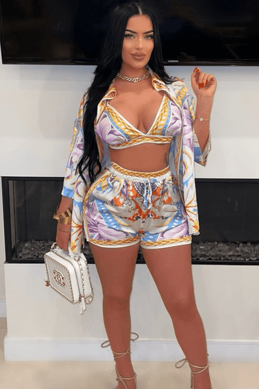 Beach Queen 3pc Short Set (Blue Print) - Palazzo Couture Online