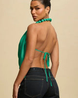 Beaded Cowl Neck Halter Top - Green - women's cropped top
