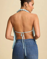 Beaded Cowl Neck Halter Top - Lt Blue - women's cropped top