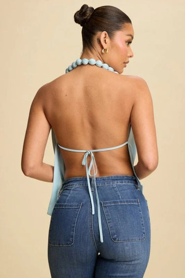 Beaded Cowl Neck Halter Top - Lt Blue - women's cropped top