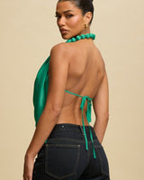 Beaded Cowl Neck Halter Top - Green - Palazzo Couture Online