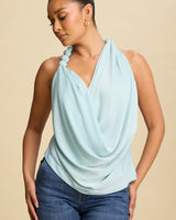 Beaded Cowl Neck Halter Top - Lt Blue - Palazzo Couture Online