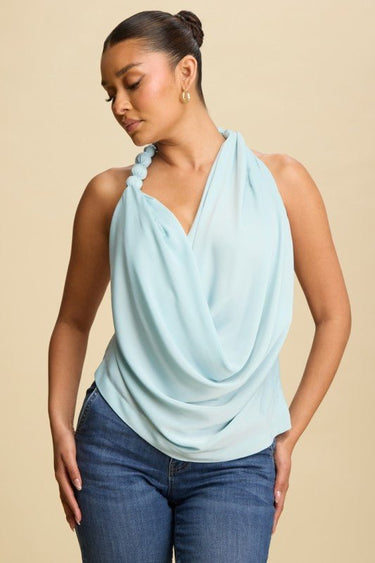 Beaded Cowl Neck Halter Top - Lt Blue - Palazzo Couture Online