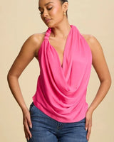 Beaded Cowl Neck Halter Top - Fuchsia for women - crop top by Palazzo Couture