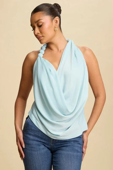 Beaded Cowl Neck Halter Top - Lt Blue for women - crop top by Palazzo Couture